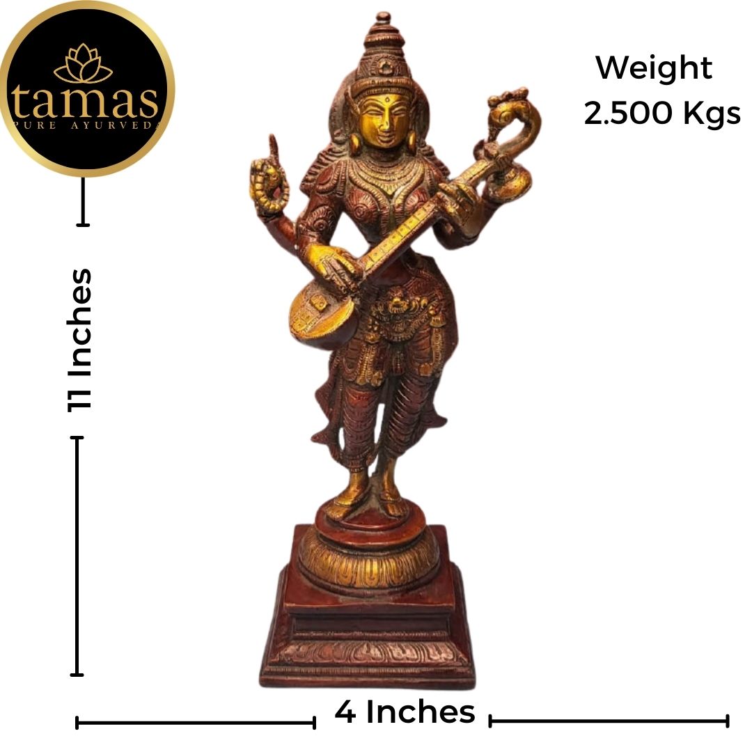 Tamas Brass Handcrafted Standing Statue of Goddess Saraswati Statue / Idol with Antique Finish (4 x 4 x 11 Inches, Golden & Brown) (Pack of 1)