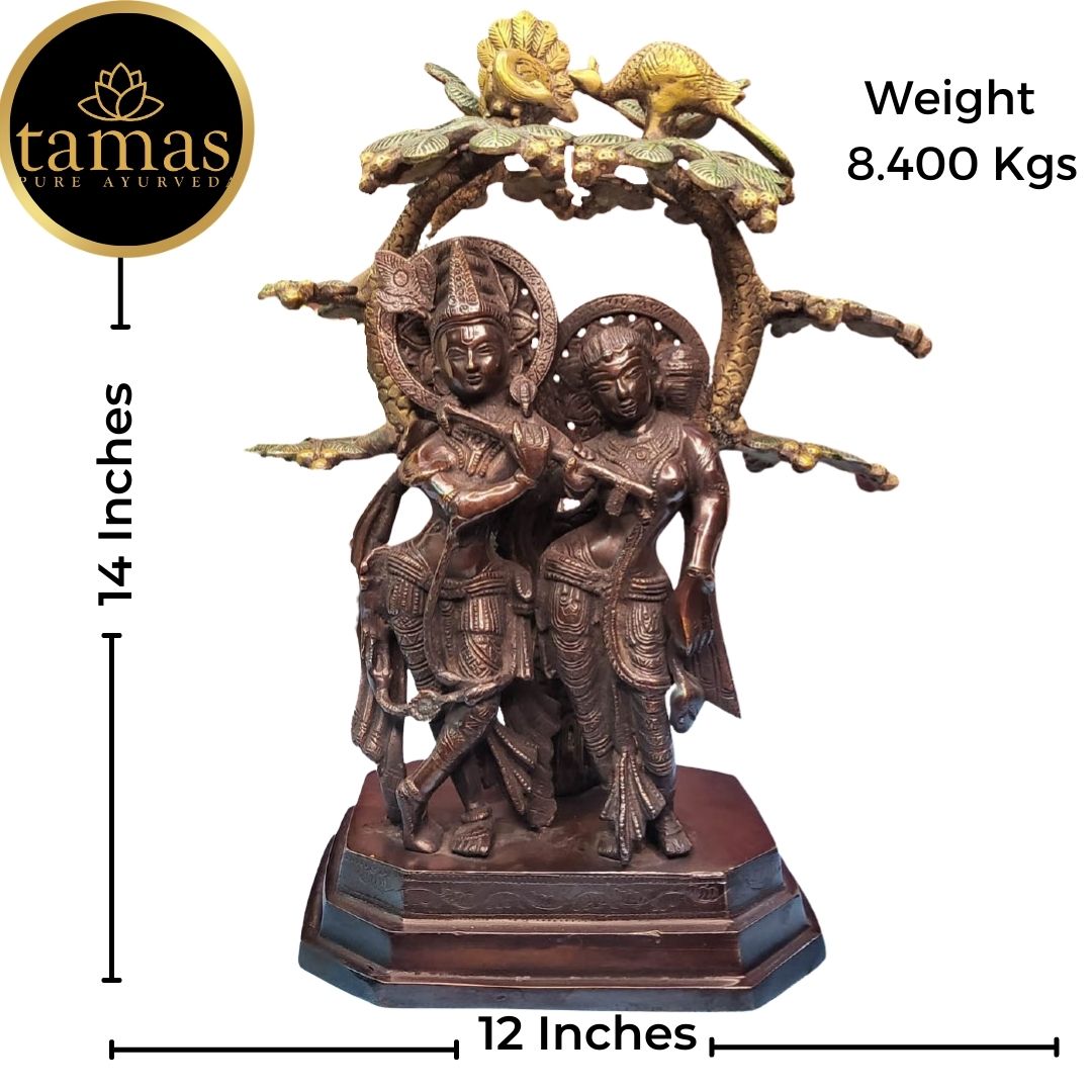 Tamas Brass Handcrafted Radha Krishna Yugal Jodi with Flute Statue / Idol with Antique Finish (12 x 6 x 14 Inches, Golden & Brown) (Pack of 1)