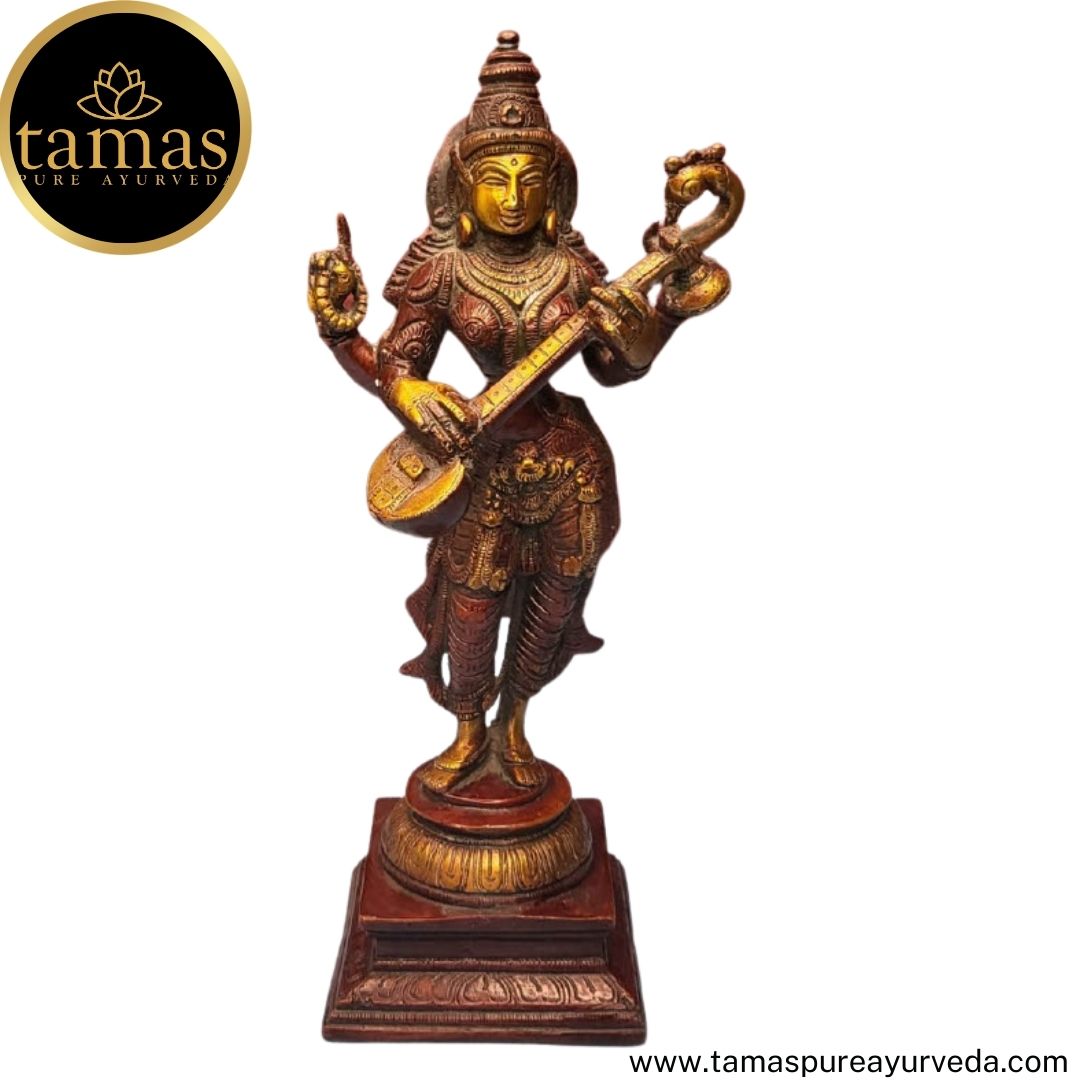 Tamas Brass Handcrafted Standing Statue of Goddess Saraswati Statue / Idol with Antique Finish (4 x 4 x 11 Inches, Golden & Brown) (Pack of 1)