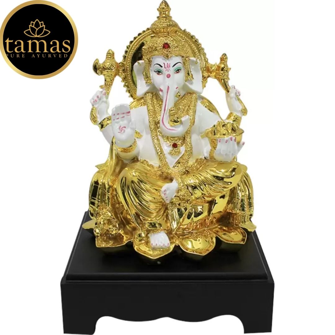 Tamas Poly Resin Gold Plated Lord Ganesh Ganpati Statue (9 Inches, White & Gold)