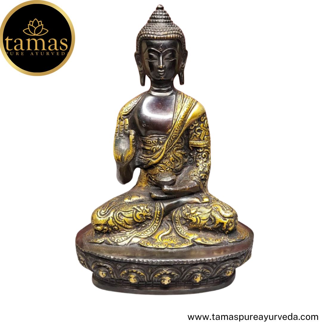 Tamas Brass Handcrafted Sculpture Religious Ashtamangala Tibetan Buddha Statue / Idol with Antique Finish (5.5 x 3 x 8 Inches, Multicolour) (Pack of 1)