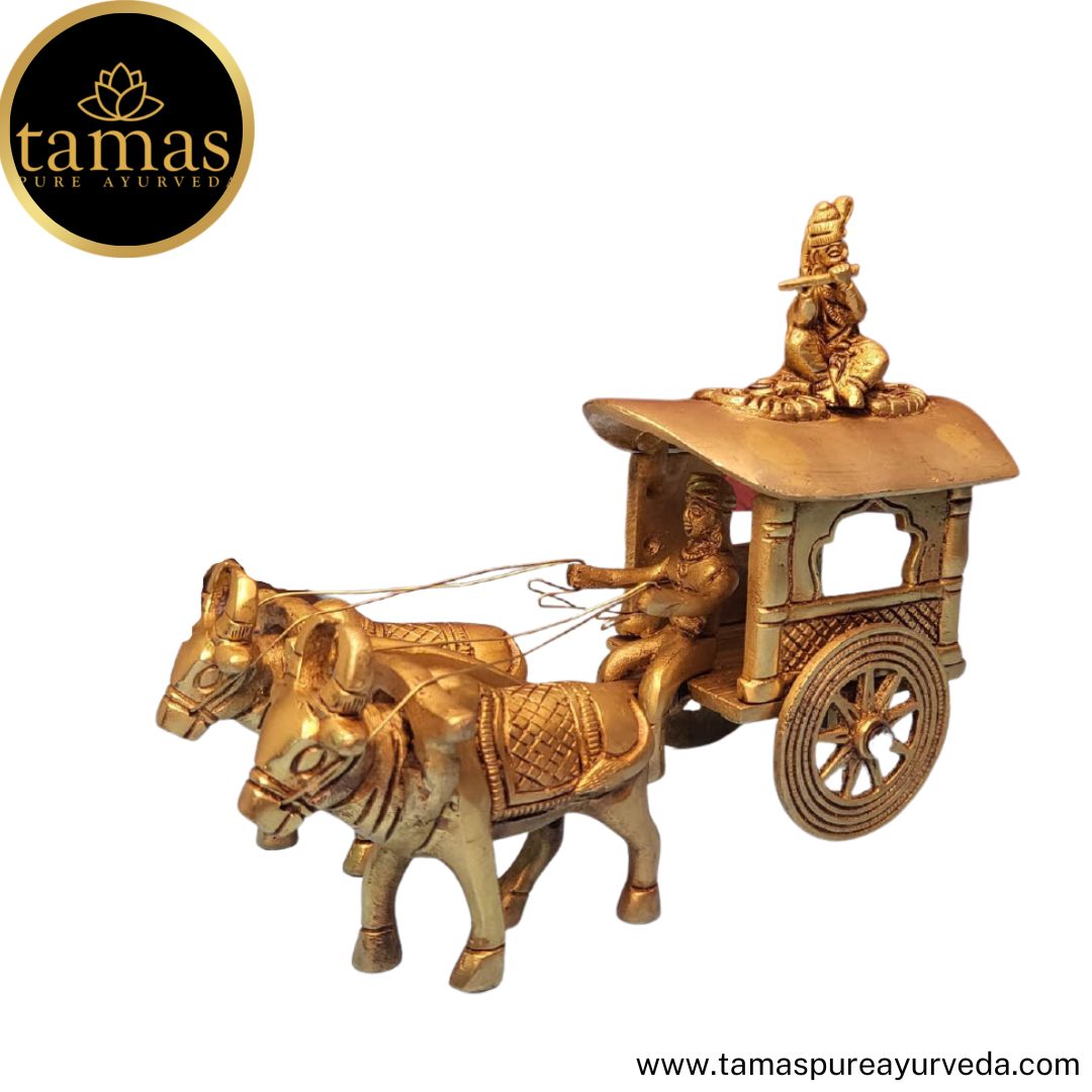 Tamas Brass Handcrafted Classic Room Decor Bullock cart with Krishna Statue / Idol with Antique Finish (7 x 4.5 x 7 Inches, Golden) (Pack of 1)