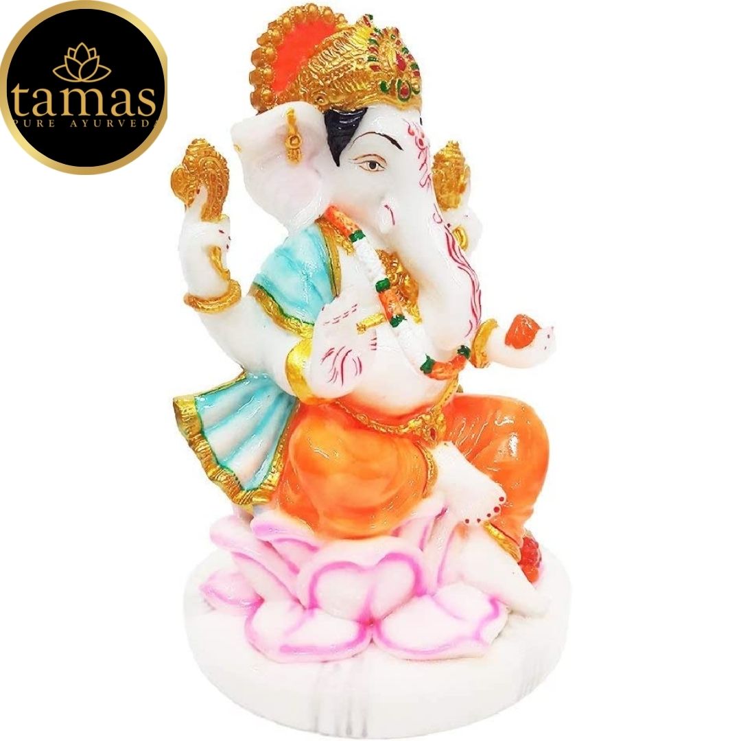 Tamas Marble Dust Gold Plated Lord Ganesha Statue (9 Inches, Multicolor)