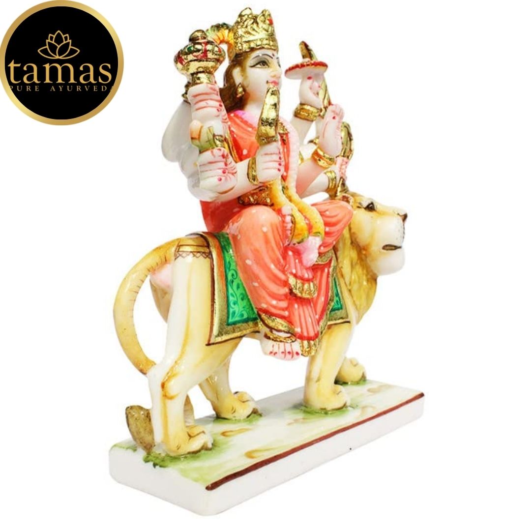 Tamas Marble Dust Gold Plated Goddess Durga Mata Statue (10.5 Inches, Multicolor)