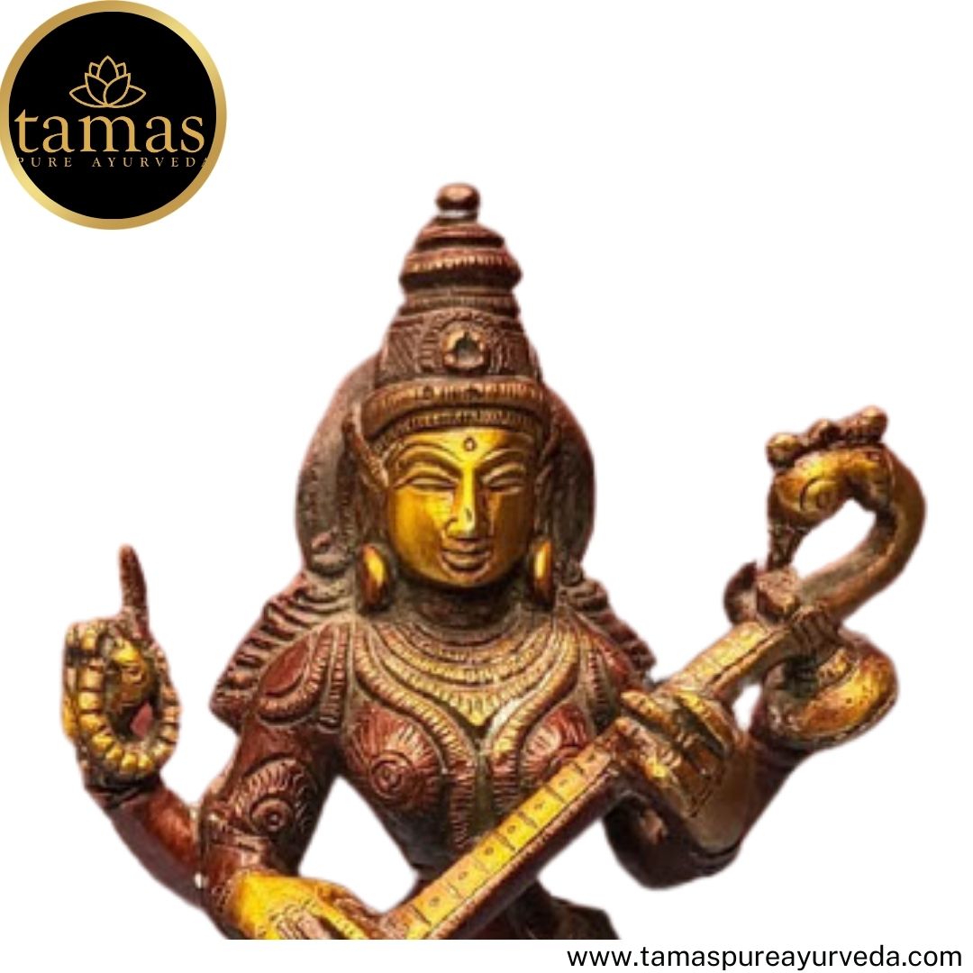 Tamas Brass Handcrafted Standing Statue of Goddess Saraswati Statue / Idol with Antique Finish (4 x 4 x 11 Inches, Golden & Brown) (Pack of 1)