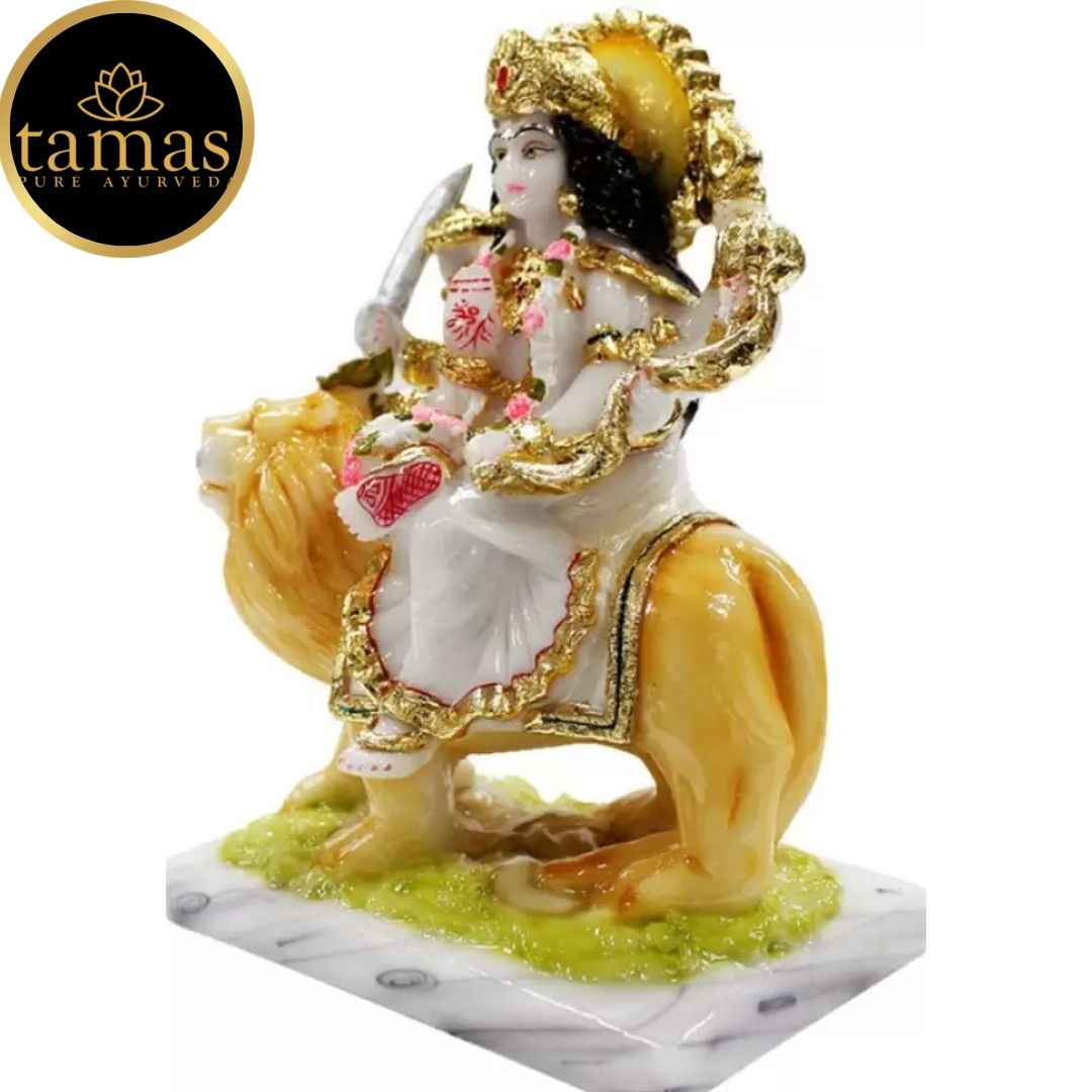 Tamas Marble Dust Gold Plated Mata Sherawali Statue (8 Inches, White and Gold)