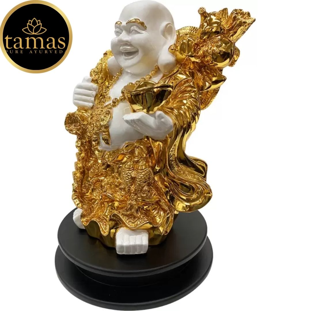 Tamas Poly Resin Gold Plated Fengshui God Laughing Buddha Statue (15.5 Inches, White and Gold)