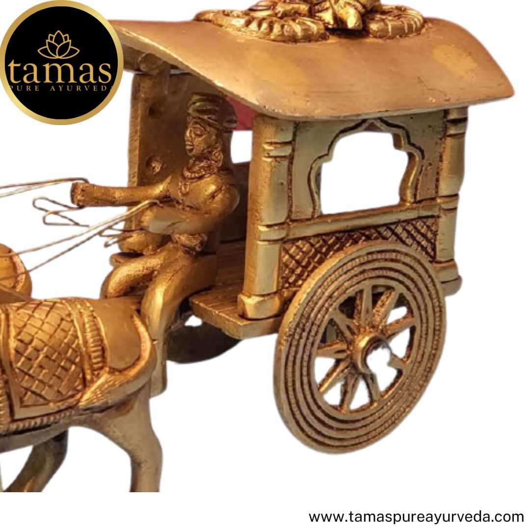 Tamas Brass Handcrafted Classic Room Decor Bullock cart with Krishna Statue / Idol with Antique Finish (7 x 4.5 x 7 Inches, Golden) (Pack of 1)