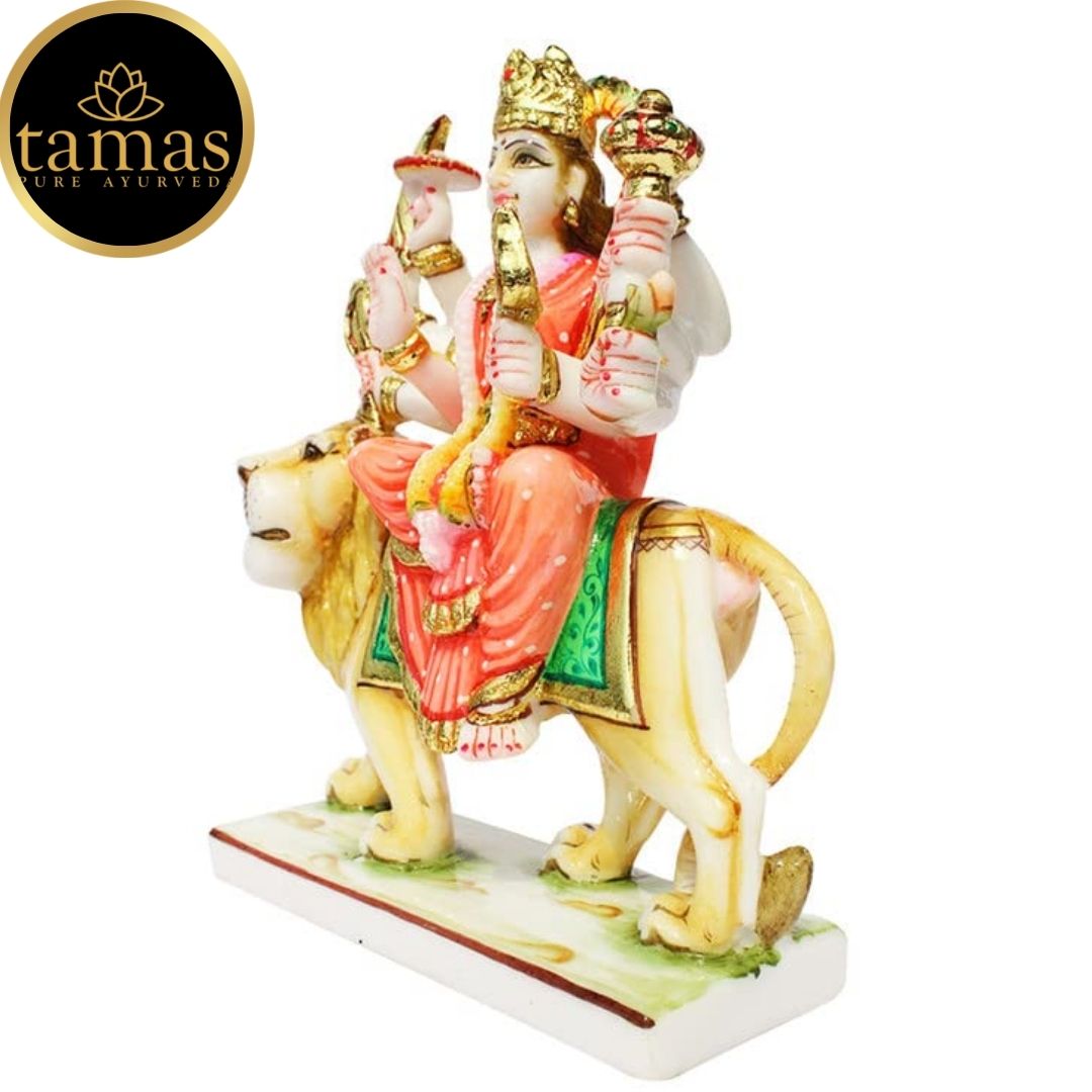 Tamas Marble Dust Gold Plated Goddess Durga Mata Statue (10.5 Inches, Multicolor)