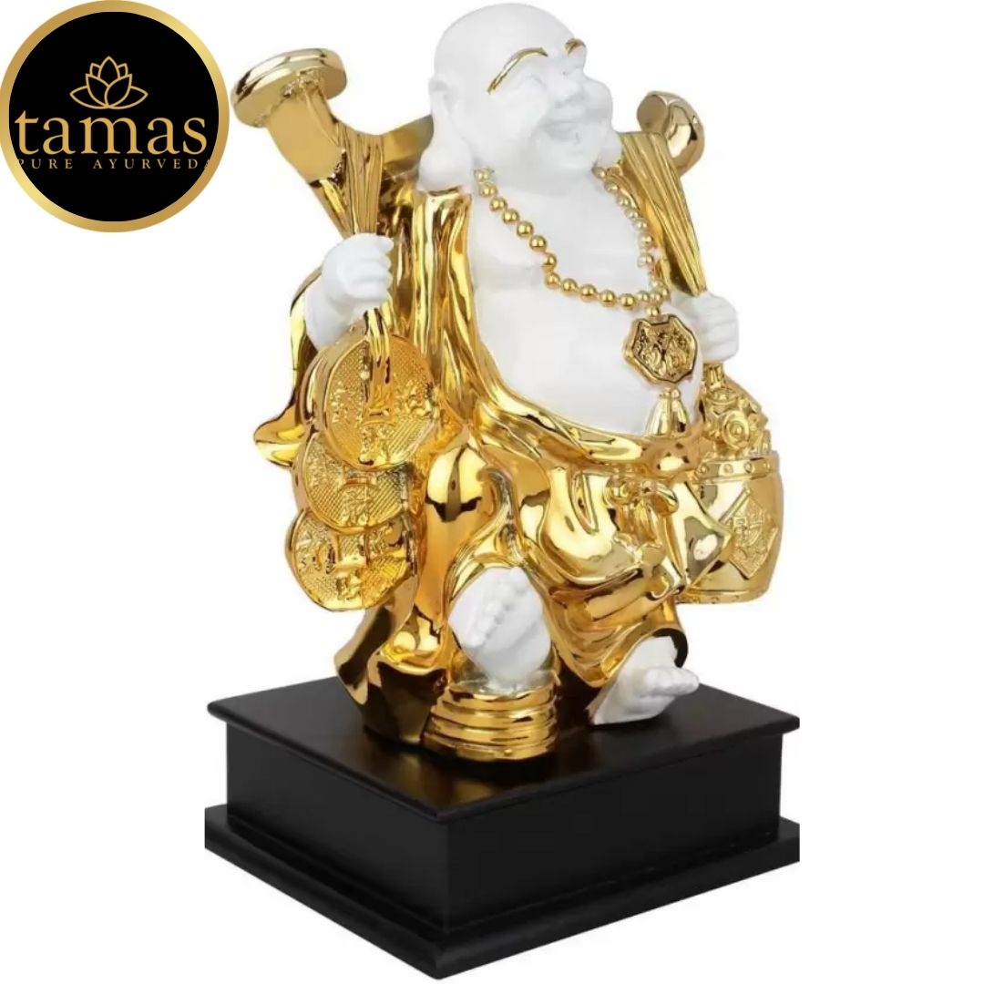 Tamas Poly Resin Gold Plated Fengshui God Laughing Buddha Statue (10 Inches, White and Gold)