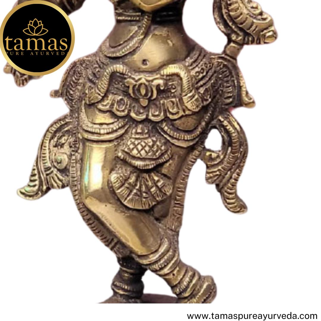 Tamas Brass Handcrafted Flute Playing Krishna with Peacock  Statue / Idol with Antique Finish (3 x 3 x 10 Inches, Golden) (Pack of 1)