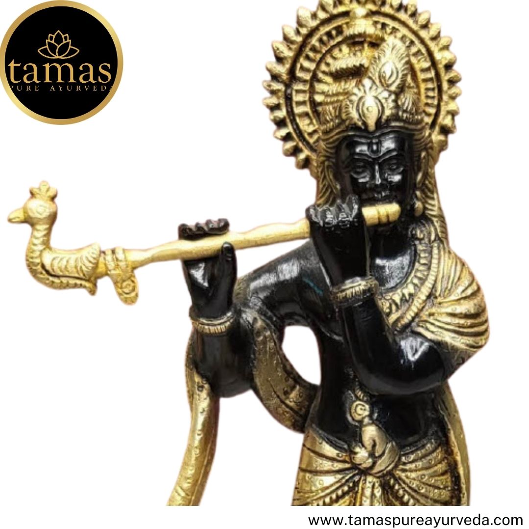 Tamas Brass Handcrafted Lord Krishna Murti Statue/ Idol with Antique Finish (4.5 x 4.5 x 11 Inches, Black & Golden) (Pack of 1)