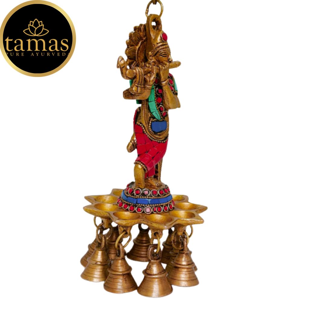 Tamas Brass Krishna Wall Hanging Diya Oil Lamp With Bells (9 Inches, Multicolor) (Pack of 1)