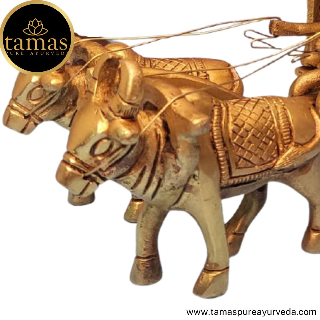 Tamas Brass Handcrafted Classic Room Decor Bullock cart with Krishna Statue / Idol with Antique Finish (7 x 4.5 x 7 Inches, Golden) (Pack of 1)