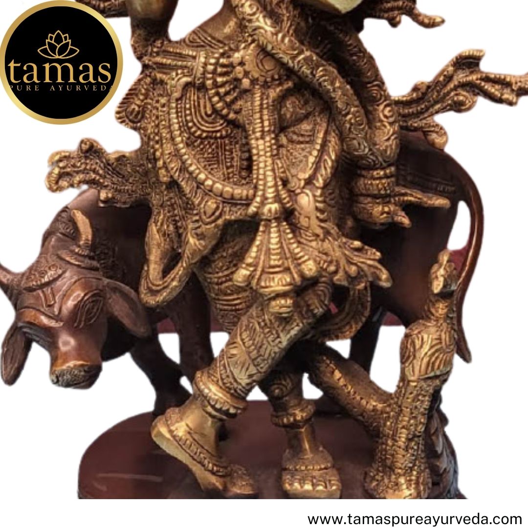 Tamas Brass Handcrafted Lord Krishna Bhagwan Playing Flute with Gau MATA Metal Murti Statue / Idol with Antique Finish (6 x 5.5 x 12 Inches, Brown) (Pack of 1)