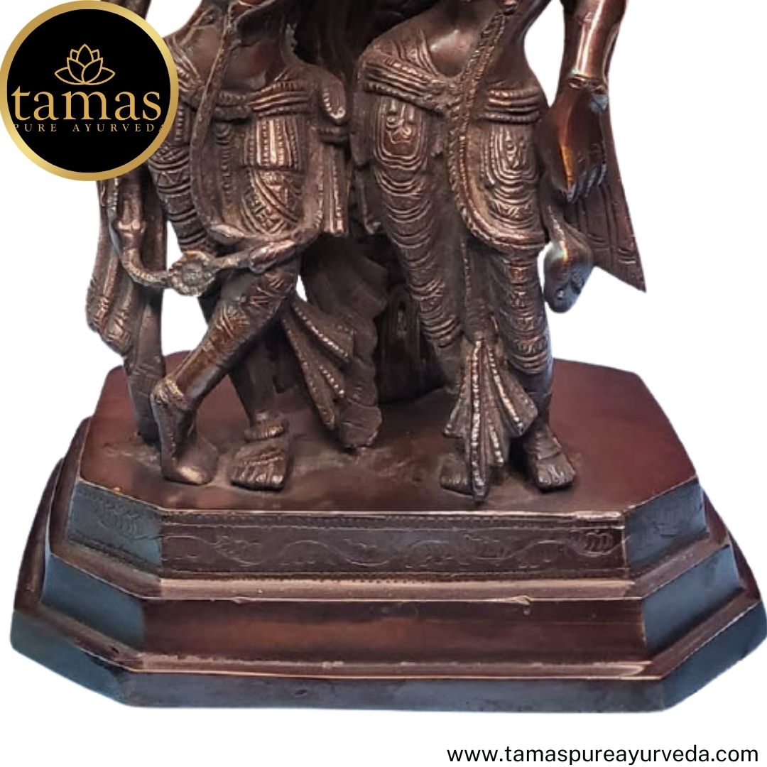 Tamas Brass Handcrafted Radha Krishna Yugal Jodi with Flute Statue / Idol with Antique Finish (12 x 6 x 14 Inches, Golden & Brown) (Pack of 1)