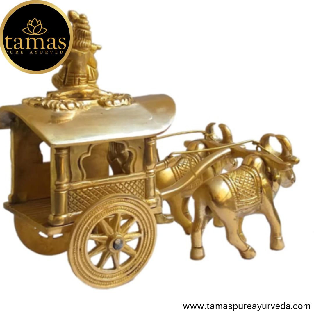 Tamas Brass Handcrafted Classic Room Decor Bullock cart with Krishna Statue / Idol with Antique Finish (7 x 4.5 x 7 Inches, Golden) (Pack of 1)