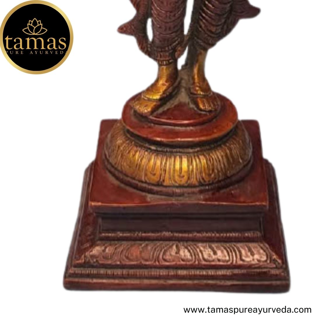 Tamas Brass Handcrafted Standing Statue of Goddess Saraswati Statue / Idol with Antique Finish (4 x 4 x 11 Inches, Golden & Brown) (Pack of 1)