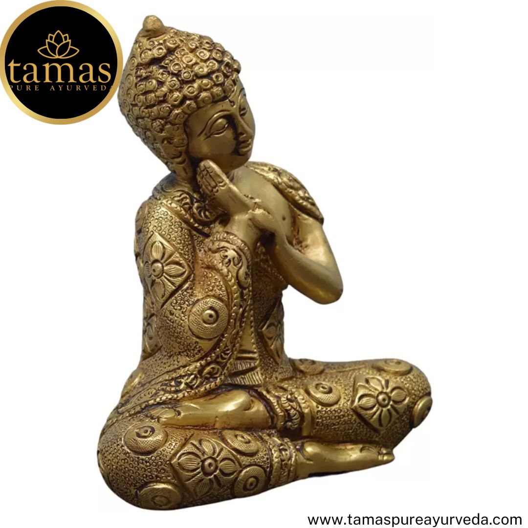 Tamas Brass Handcrafted Lord Buddha Resting in Sitting Posture Statue / Idol with Antique Finish (5 x 3 x 6.5 Inches, Golden) (Pack of 1)