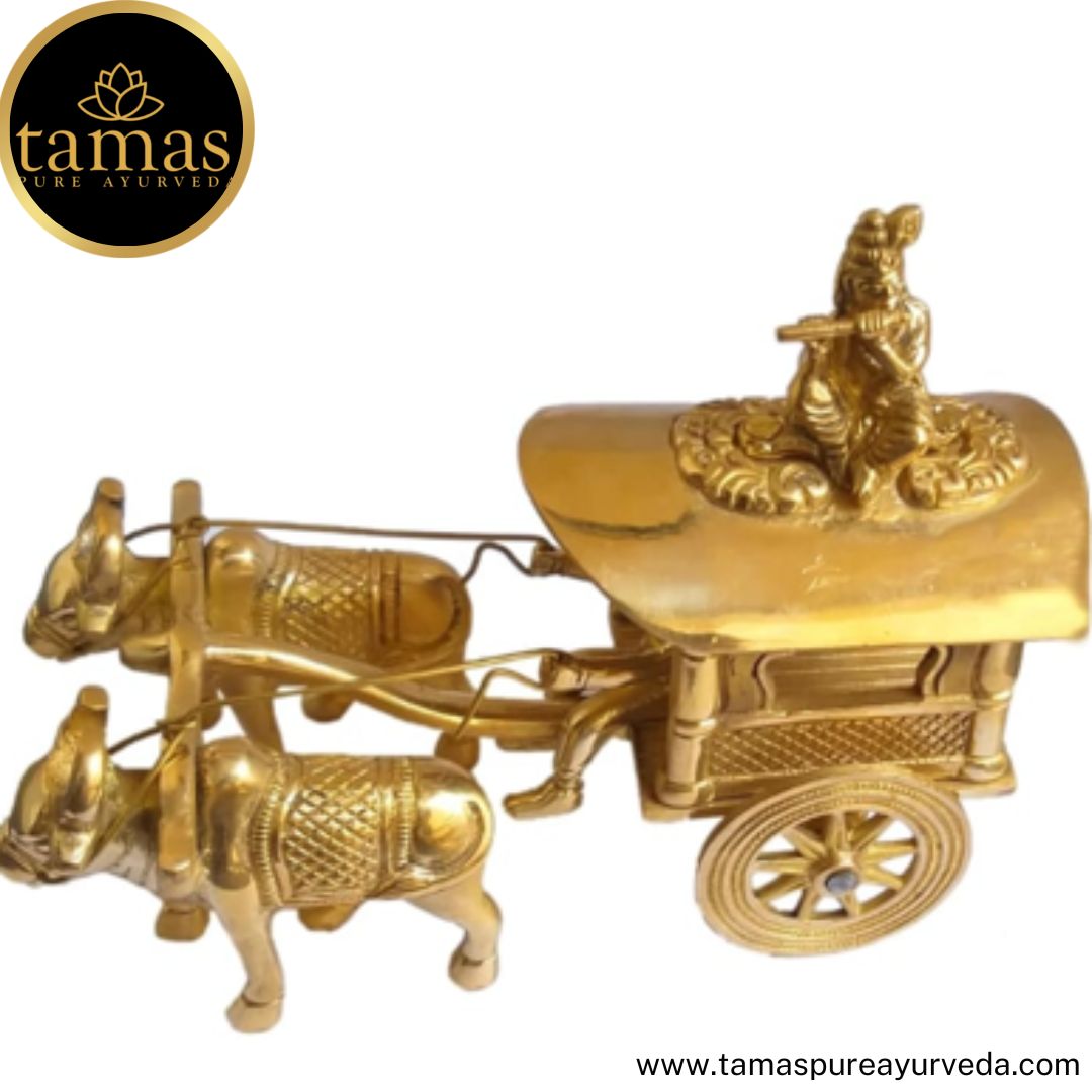 Tamas Brass Handcrafted Classic Room Decor Bullock cart with Krishna Statue / Idol with Antique Finish (7 x 4.5 x 7 Inches, Golden) (Pack of 1)