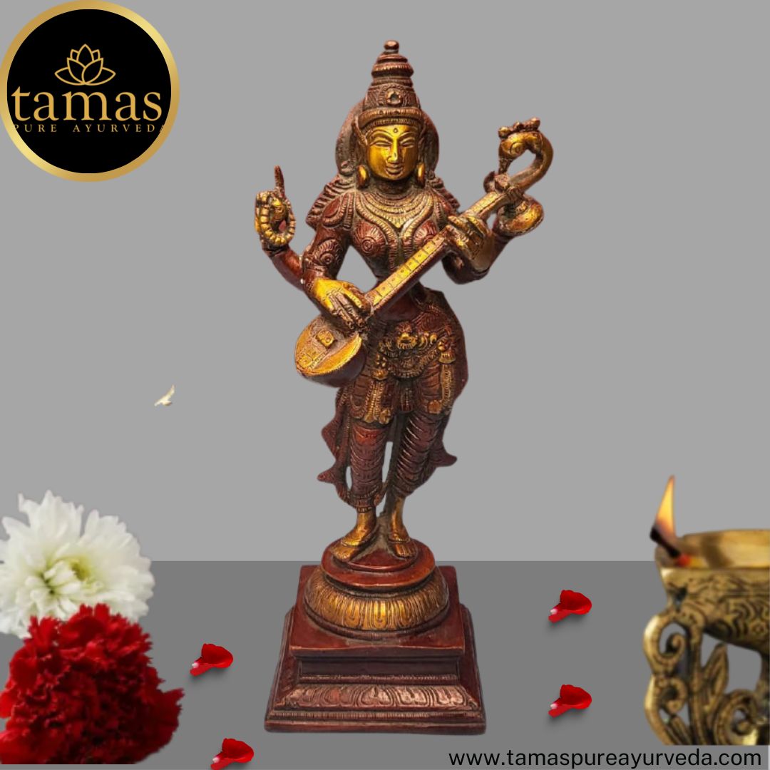 Tamas Brass Handcrafted Standing Statue of Goddess Saraswati Statue / Idol with Antique Finish (4 x 4 x 11 Inches, Golden & Brown) (Pack of 1)