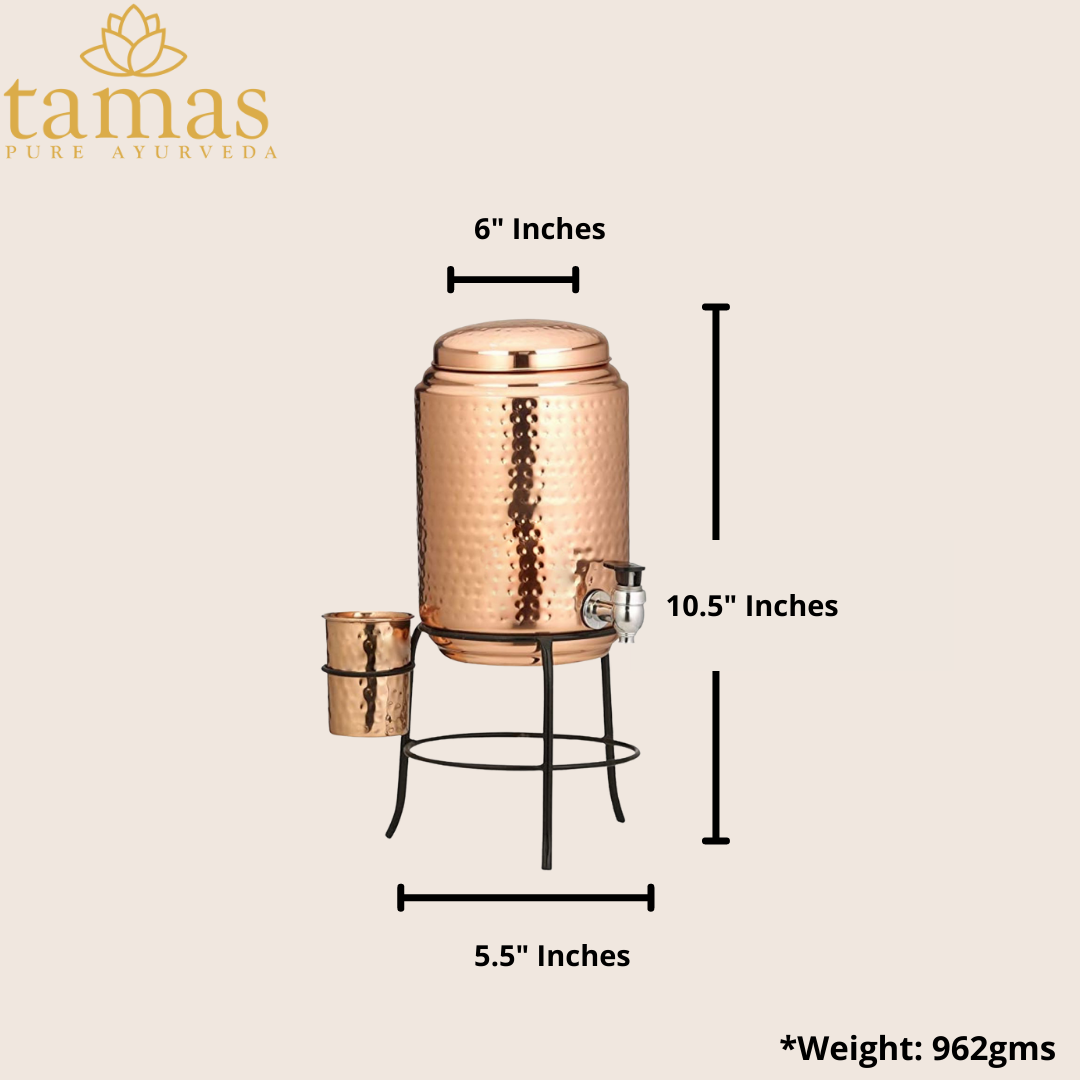 Tamas Hammered Copper Water Dispensr With Glass and Brass Tap | 4.5 Liter